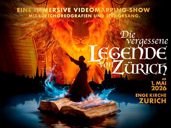 EINE IMMERSIVE VIDEOMAPPING-SHOW MIT LUFTCHOREOGRAFIEN UND LIVE-GESANG Ab dem 1. Mai 2026 Kirche Enge – Zürich